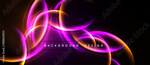 Abstract vibrant design features flowing light curves, orange, purple hues. Dark background enhances luminosity, creating dynamic visual effect.