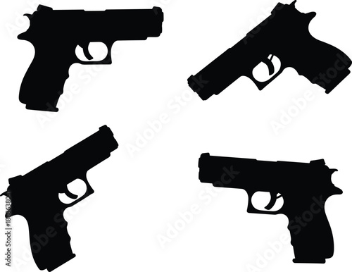Set of black silhouettes of modern handguns and pistols in various angles isolated on white background for security and law enforcement.