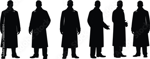 Set of black silhouettes of people walking and standing in various poses with accessories like umbrellas hats and bags on white