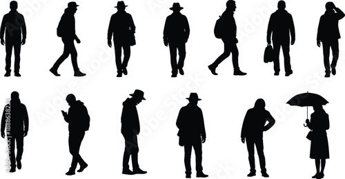Set of black silhouettes of people walking and standing in various poses with accessories like umbrellas hats bags and backpacks
