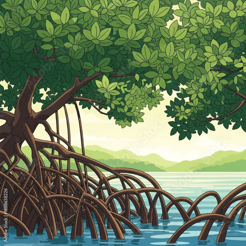 Mangrove tree with exposed roots underwater.