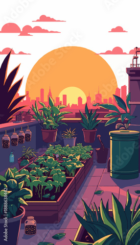 Urban Rooftop Zero Waste Garden Grocery Vector
