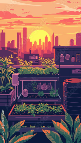 Urban Rooftop Zero Waste Garden Grocery Vector