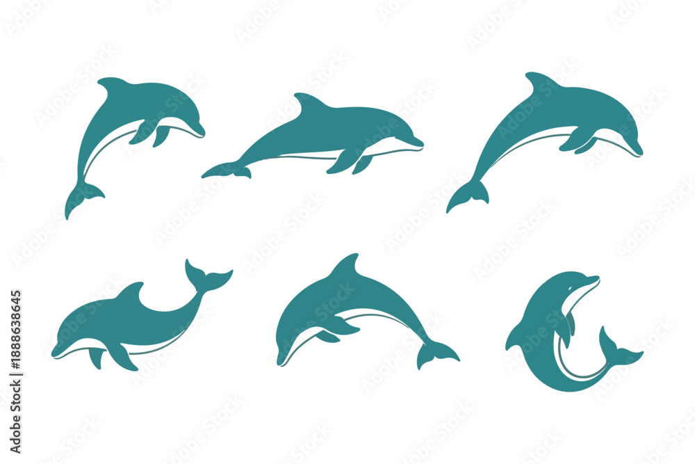 Obraz premium Six cheerful blue dolphins gracefully leaping and swimming in a delightful cartoon illustration