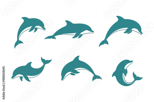 Six cheerful blue dolphins gracefully leaping and swimming in a delightful cartoon illustration","An engaging illustration featuring six vibrant blue dolphins gracefully leaping and swimming against a