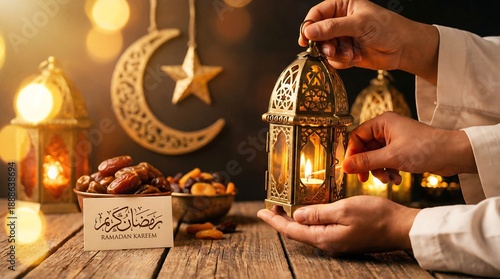 Ramadan lantern and dates on a table, festive Islamic holiday greeting