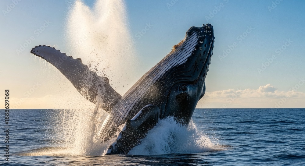 Obraz premium Humpback whale breaching ocean surface with powerful splash