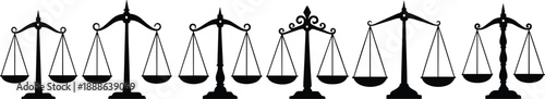 Scales of justice collection featuring black law silhouettes and balance icons set for legal advice, courthouse symbol, measurement of equality, and judicial authority.