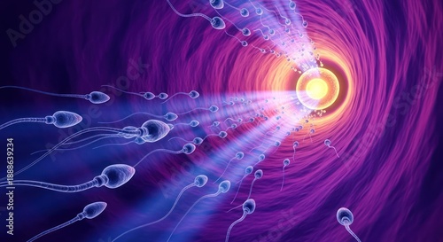 Vibrant depiction of fertilization process with sperm cells reaching the ovum, a symbol of creation