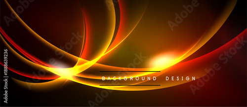 Dynamic abstract design. Orange, red glows radiate from central bright point. Smooth curves create energy, motion. Dark background emphasizes luminosity.
