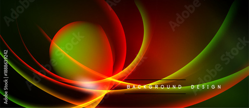 Abstract dynamic lines, vibrant colors blend. Green, red, orange create flowing shapes, dark background enhances luminosity. Modern design element.