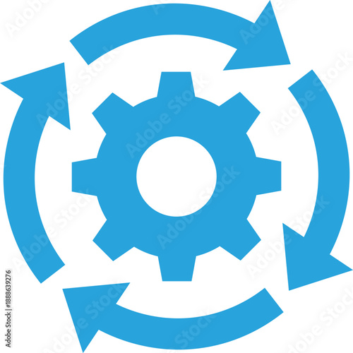 Blue gear with circular arrows indicating workflow or process cogwheel cycle