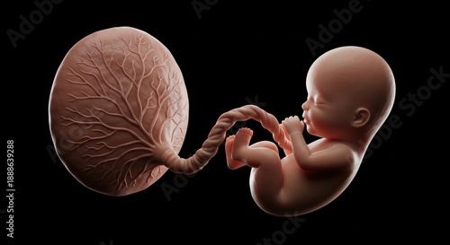 Visual representation of human fetal development depicting the umbilical cord and placenta