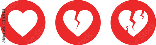 Three red hearts in circles showing progression from whole to broken heart love