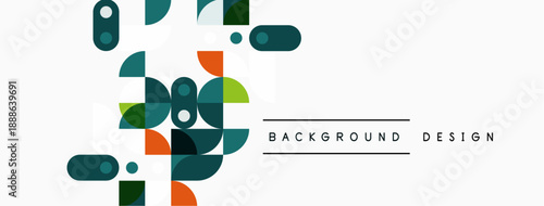 Abstract geometric shapes overlap, creating dynamic visual texture. Colors include teal, orange, green, gray, white. Modern design element.