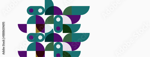 Abstract geometric shapes overlap, creating floral impression. Colors include purple, teal, green, white. Modern design element.