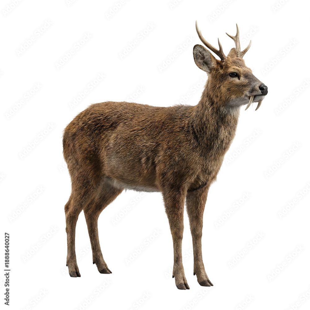 Fototapeta premium Young male deer with large antlers standing gracefully isolated on transparent background