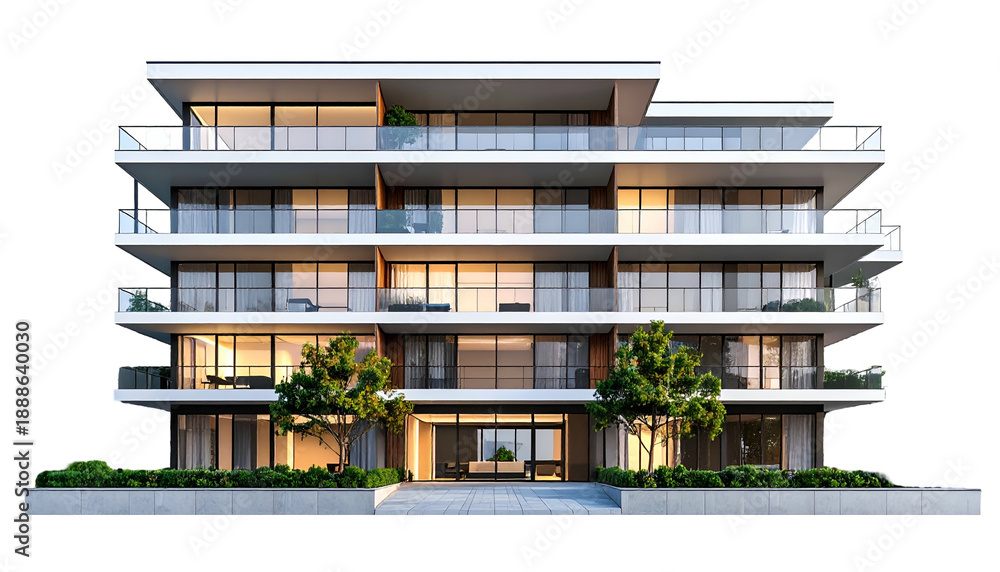 Obraz premium Modern multi-story building with balconies, warm lighting, and landscaping
