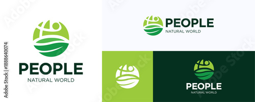 Circle green earth with people leaf concept for natural sustainability, Logo icon design vector illustration, Symbol human world with sprout leaves for nature, eco environment and brand identity