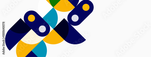 Abstract geometric shapes overlap, creating dynamic composition. Colors include blue, yellow, teal, white. Modern design elements present.