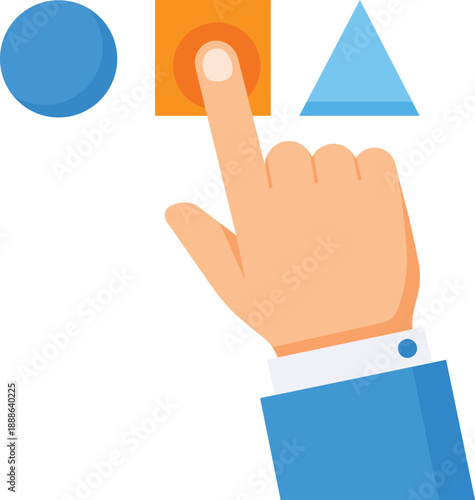 Human finger pressing orange square button near blue circle and triangle hand
