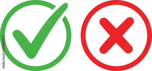 Green checkmark in circle and red cross in circle on white background check mark cross mark