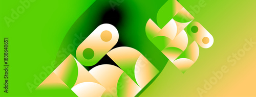 Abstract geometric shapes blend green, yellow, orange hues. Modern design evokes fluidity, depth, visual interest. Minimalist composition.