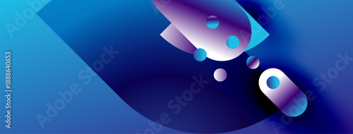 Abstract shapes, vibrant blues, purples create dynamic composition. Smooth gradients suggest movement, depth. Modern design.