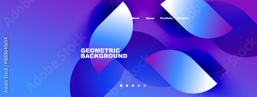 Abstract geometric background features vibrant blue, purple gradients. Minimalist design includes navigation elements, text overlay. Modern aesthetic.