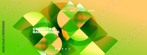 Abstract geometric shapes overlap, creating vibrant green, orange gradients. Text labels present work, about, portfolio, contact options.