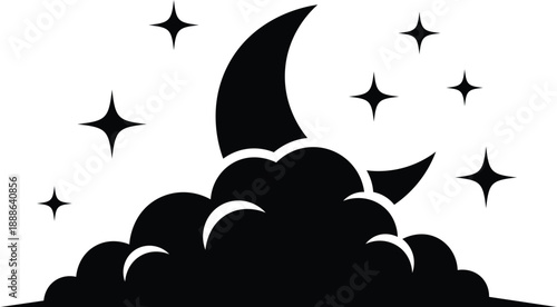 Black crescent moon and stars peeking through dark clouds night