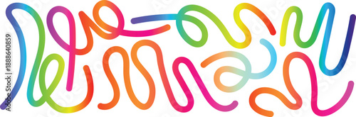 Colorful wavy lines forming abstract shapes and letters on white background gradient rainbow
