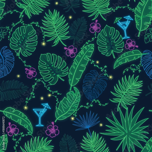 Tropical leaves and cocktail glasses pattern.