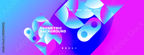 Abstract geometric background. Vibrant blue, pink gradients dominate design. Text labels work, about, portfolio, contact. Circles present.