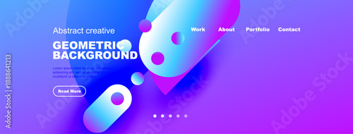 Vibrant abstract geometric background. Blue purple gradients, circles, text elements, navigation menu present. Modern design aesthetic.