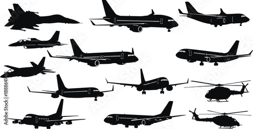 Aircraft silhouettes collection, airplanes jets helicopters in flight and landing positions, aviation transportation concept, air travel vehicles set, black white illustration