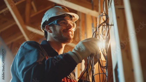 Electrician wearing safety gear works on complex wiring installation in unfinished building