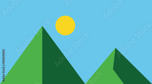 Two green geometric mountains under a bright yellow sun in a blue sky