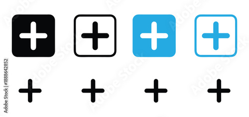 Add Plus Icon Set. Create, New and Positive Symbol Vector Collection.Plus icon logo design. Add plus sign and symbol,
