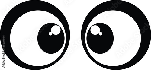 Two cartoon eyes looking to the right side with black pupils and white highlights black and white