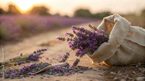 Dried Lavender Buds Spilling From Burlap Sack in Field © Norul Amin
