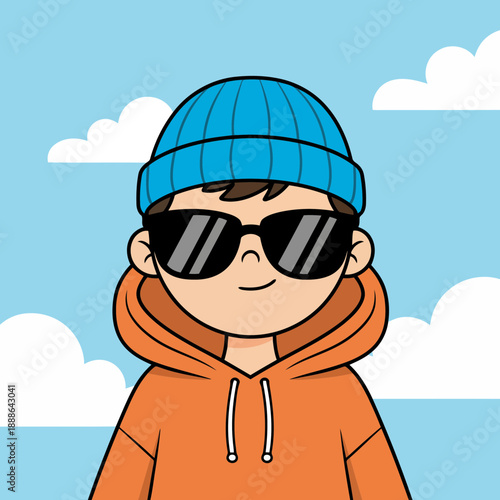 Cartoon boy wearing sunglasses and beanie on sunny day