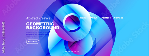 Modern website mockup features vibrant geometric shapes, purple background, text elements, navigation menu, call to action button.