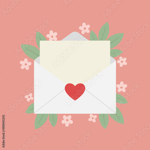 Love letter in an open envelope with heart and flowers