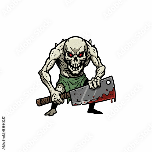 Muscular zombie holding bloody cleaver menacingly