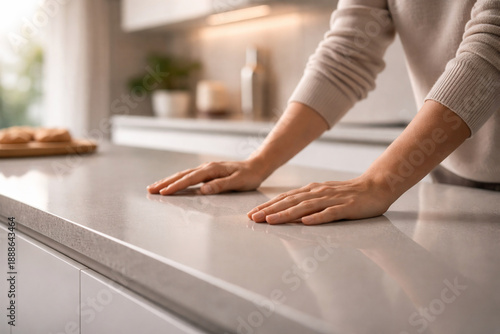 Close-up of a person's hands resting on a smooth, light grey kitchen countertop in a modern home.