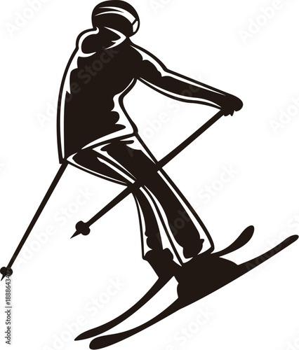Skier Silhouette Illustration - Downhill Skiing Athlete Action on White Background.