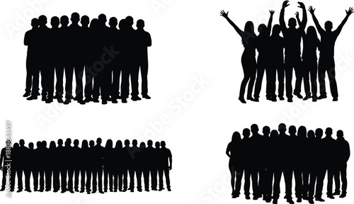 Group of people silhouettes set, crowd standing and celebrating together, teamwork unity community concept, social gathering, black white illustration