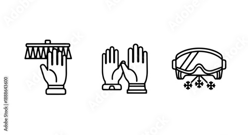Collection of line art icons for winter activities, including hand cleaning, gloves, and ski goggles.