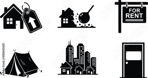 Flat design real estate icon set showing multiple property icons house with price tag demolition wrecking ball for rent sign tent city skyline entry door minimal